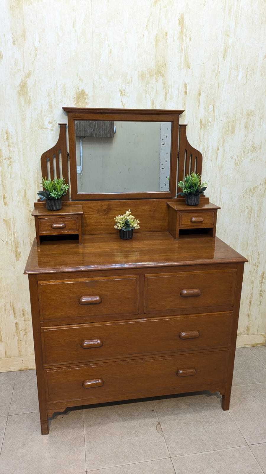 Antique Solid Burma Teak Wood Vanity Dresser