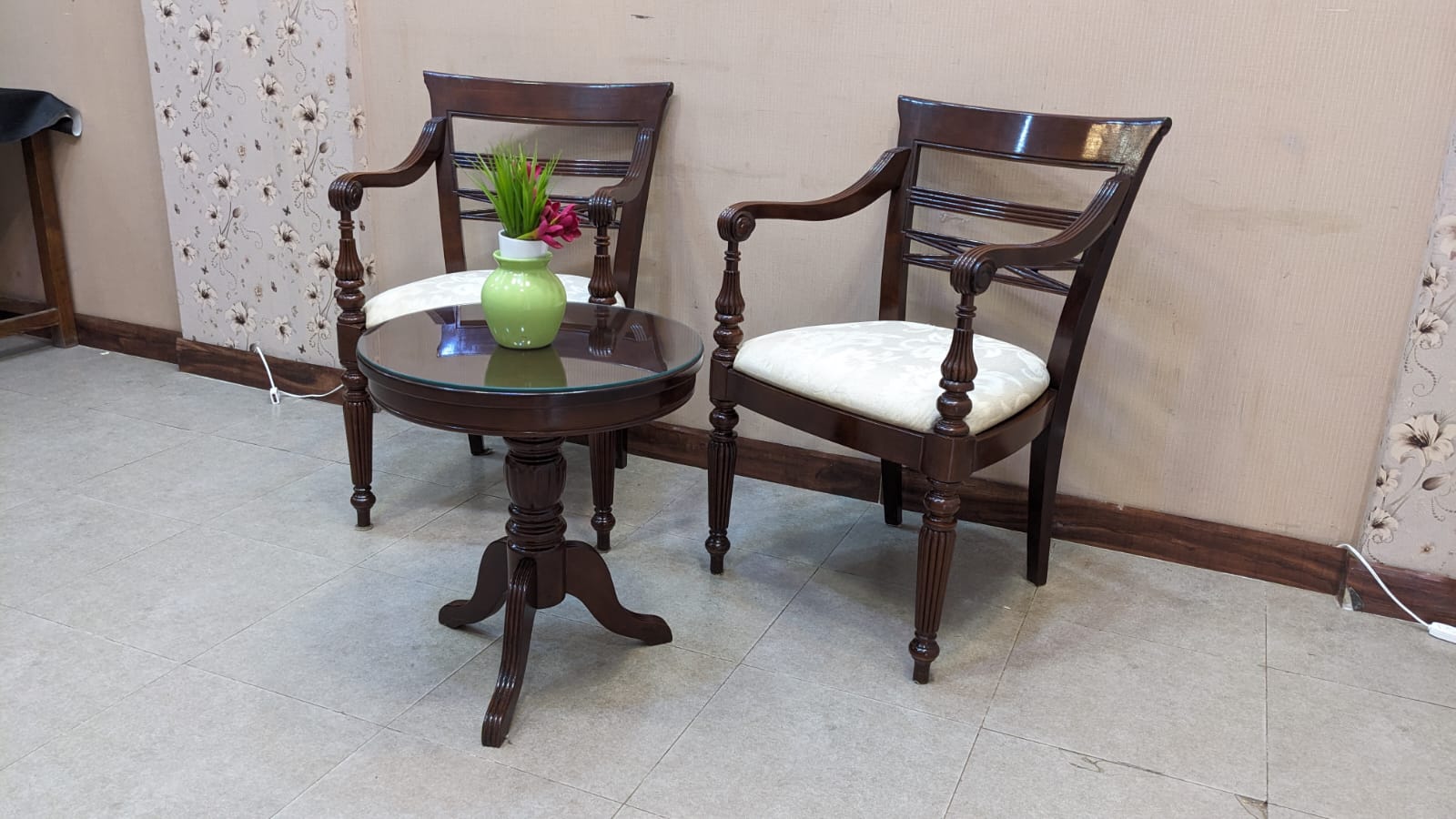 Imported Malaysian Pair Of Coffee Chairs with Table Set