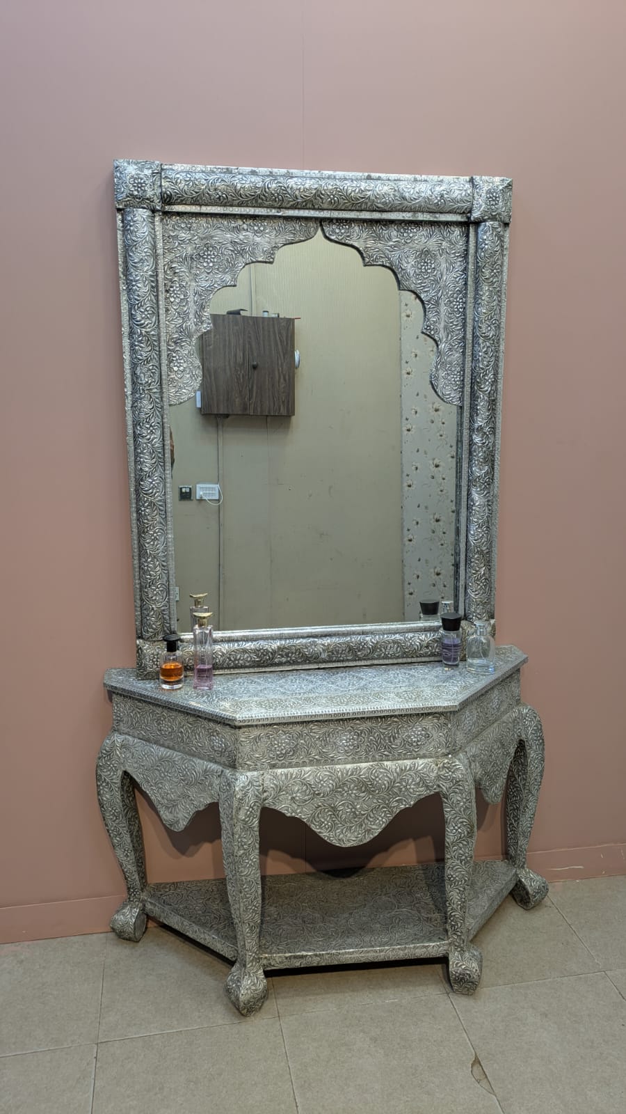 Elegant Handcrafted Silver Console Table with Mirror