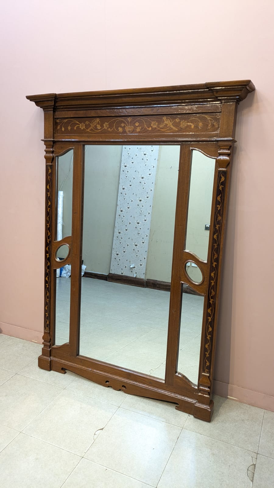 Antique Solid Burma Teak Wood Full Length Mirror