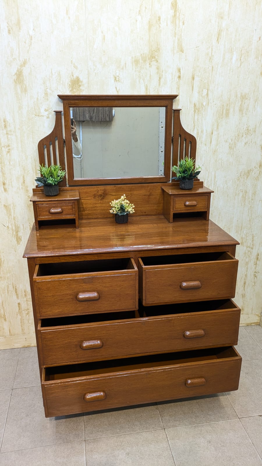 Antique Solid Burma Teak Wood Vanity Dresser