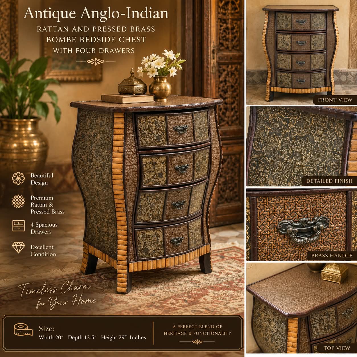 IMPORTED Antique Anglo-Indian rattan and pressed brass bombe bedside chest with four drawers.