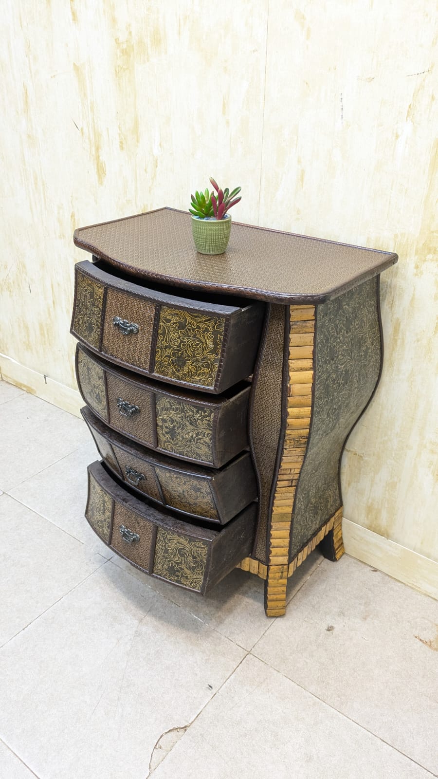Antique Anglo-Indian Rattan & Brass Bombe Bedside Chest