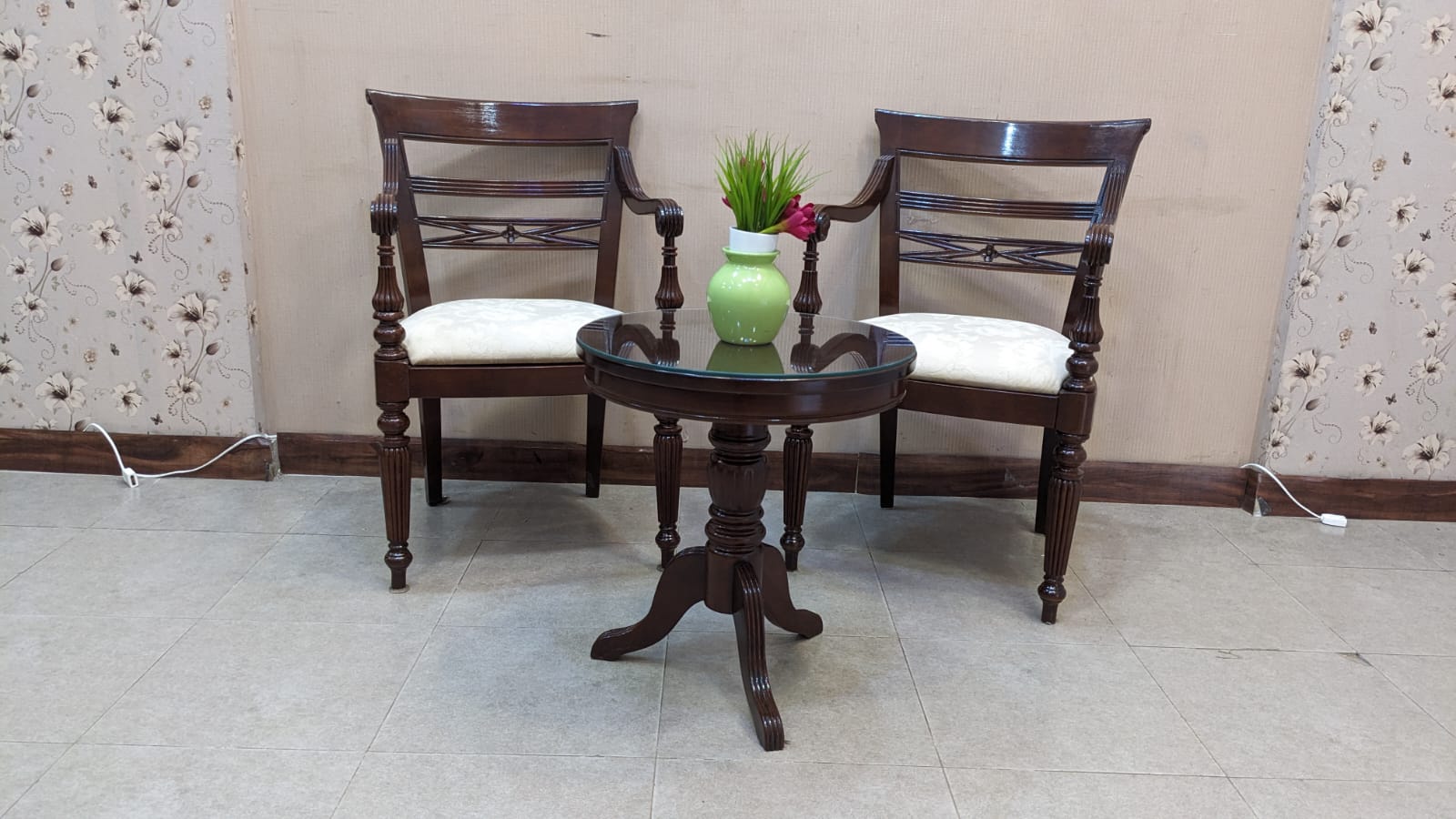 Imported Malaysian Pair Of Coffee Chairs with Table Set