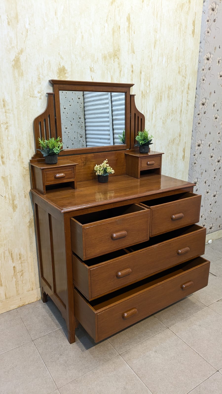 Antique Solid Burma Teak Wood Vanity Dresser