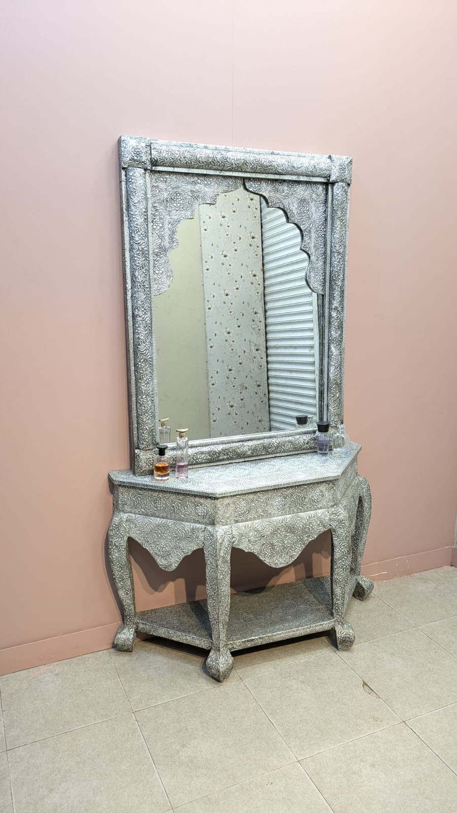 Elegant Handcrafted Silver Console Table with Mirror