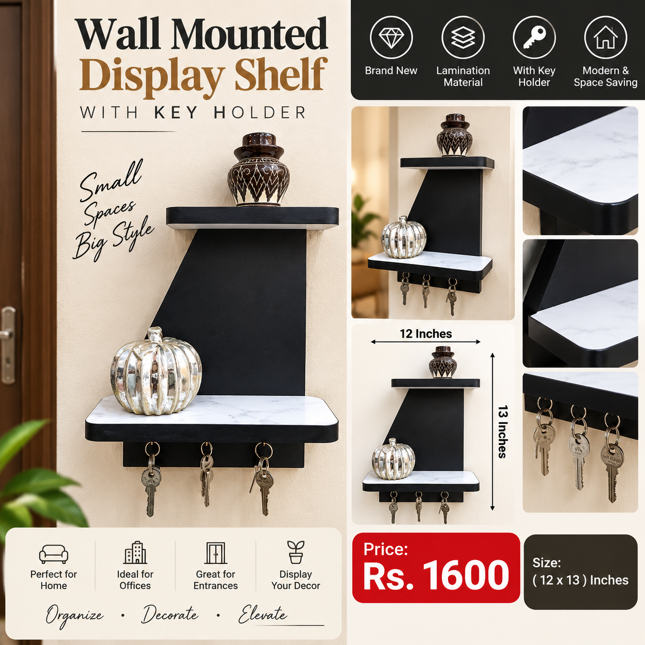 Wall Mounted Display shelf with key holder