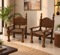 Antique Solid Burma Teak Wood Pair of Peerah Chair
