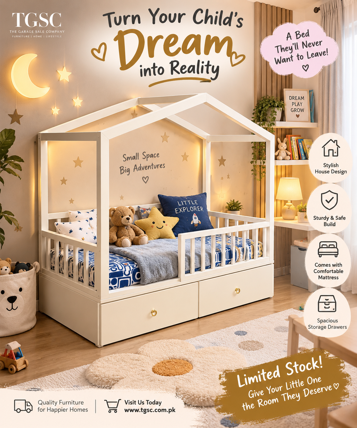 Kids House Style Bed with Mattress