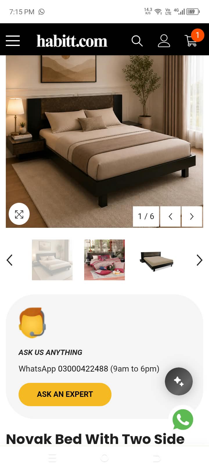 Habitt Novak King Size Bed With 2 Attached Side Table