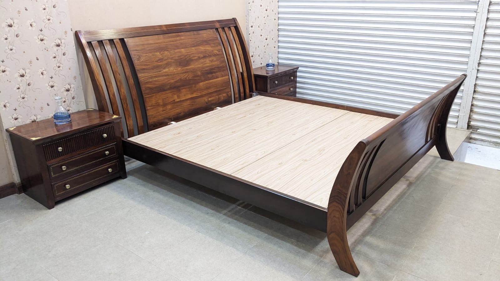 Imported Solid Sheesham Wood Super King Size Bed with 2 Side Tables