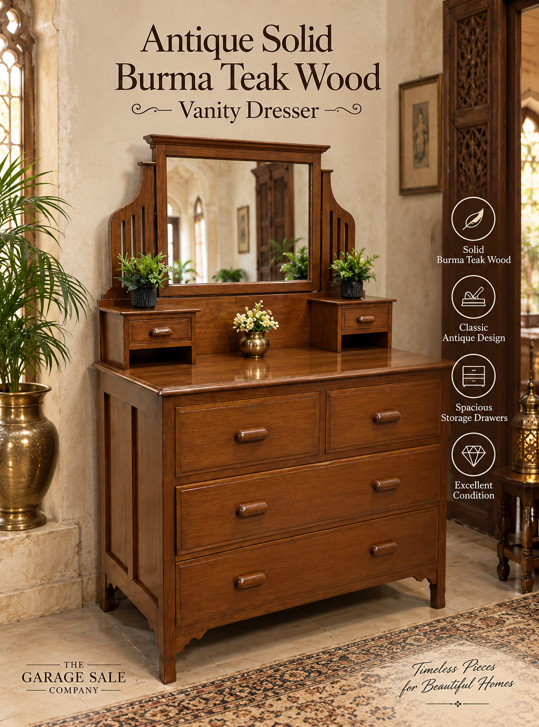 Antique Solid Burma Teak Wood Vanity Dresser