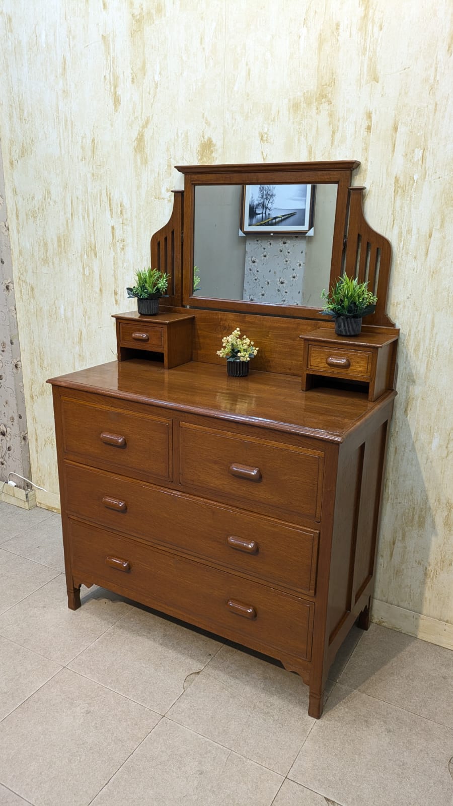 Antique Solid Burma Teak Wood Vanity Dresser