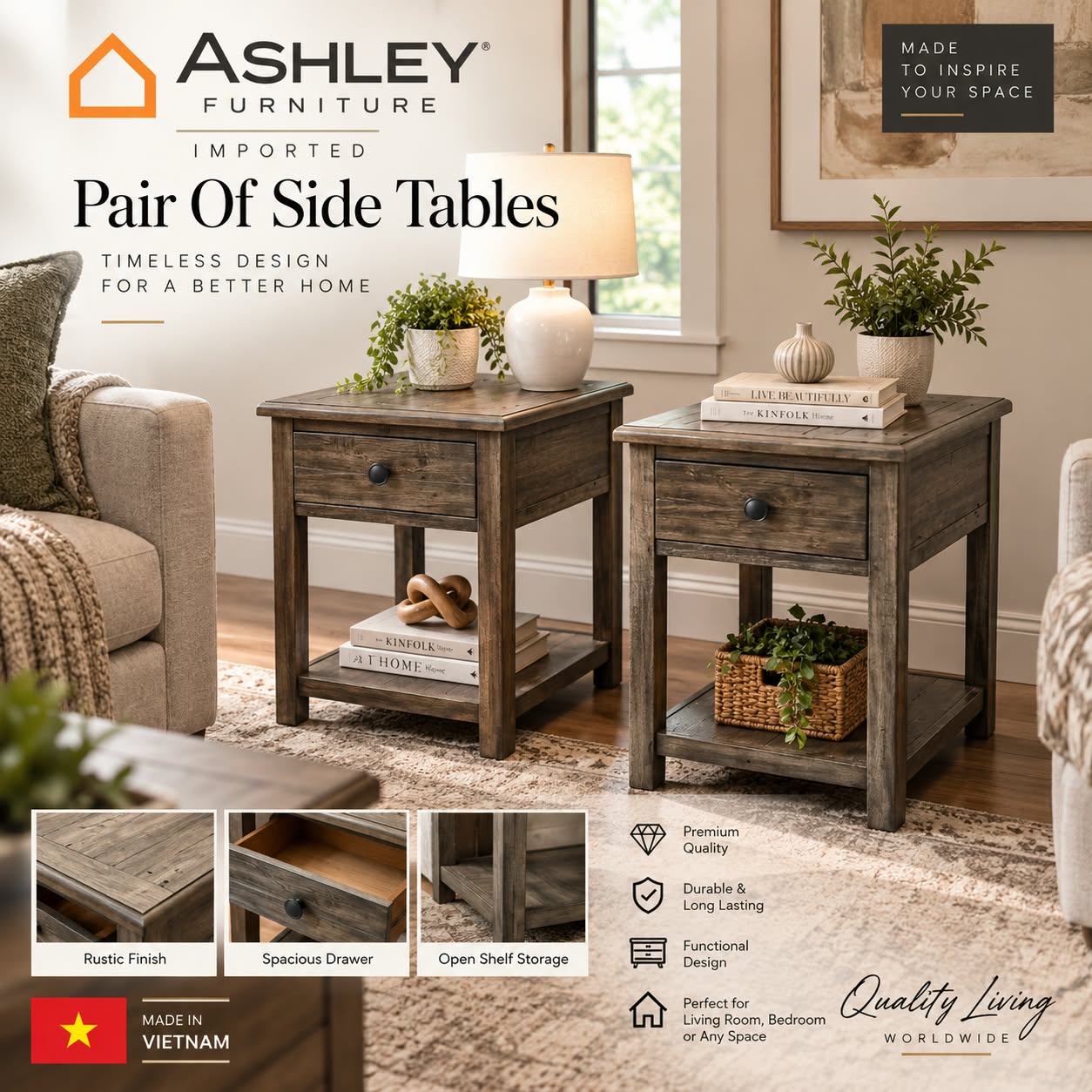 Imported American Ashley Furniture borlofeild Pair of Corner Table
