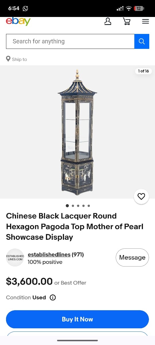 Chinese Black Lacquer Round Hexagon Pagoda Top Mother Of Pearl Showcase Display