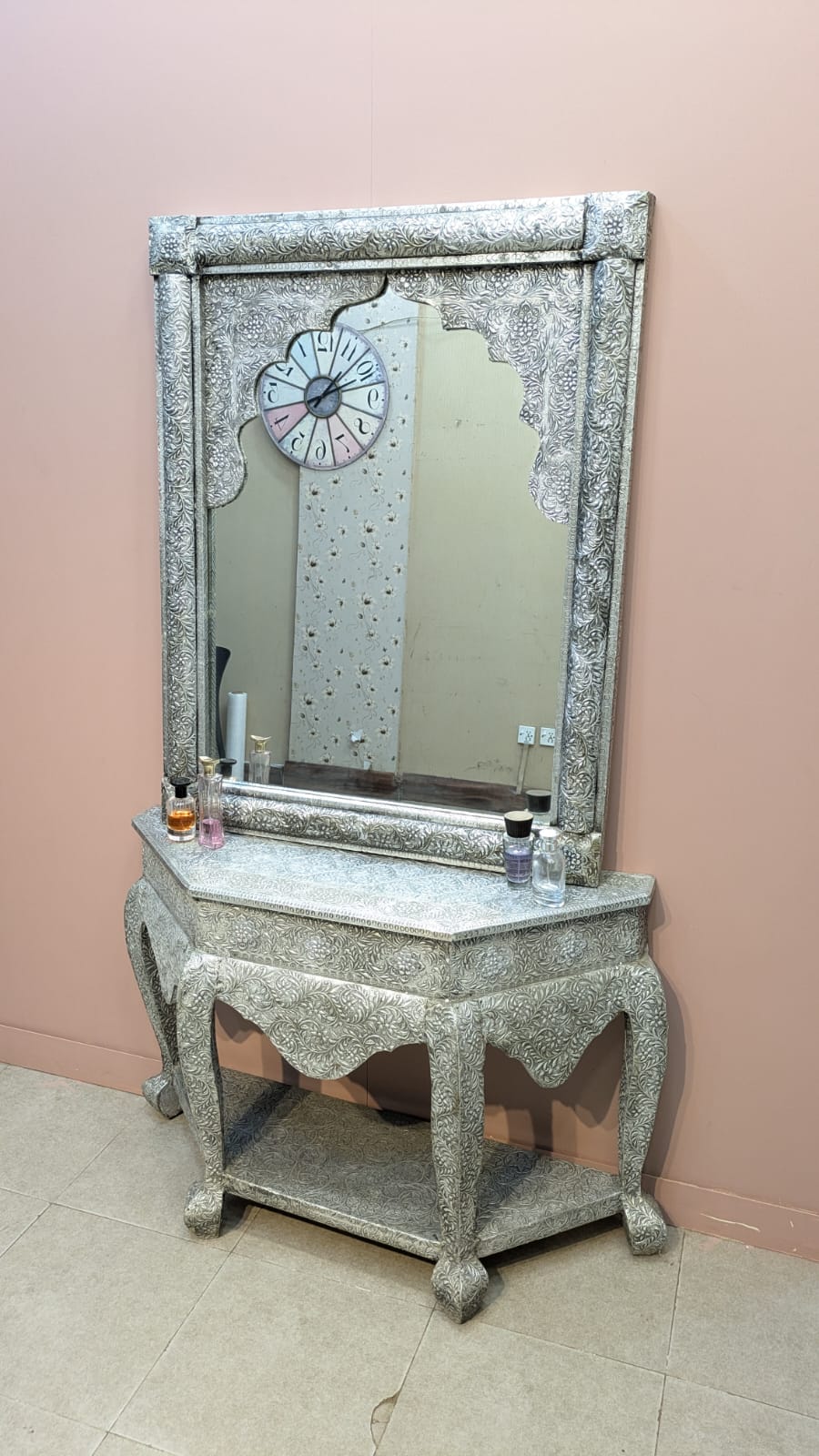 Elegant Handcrafted Silver Console Table with Mirror