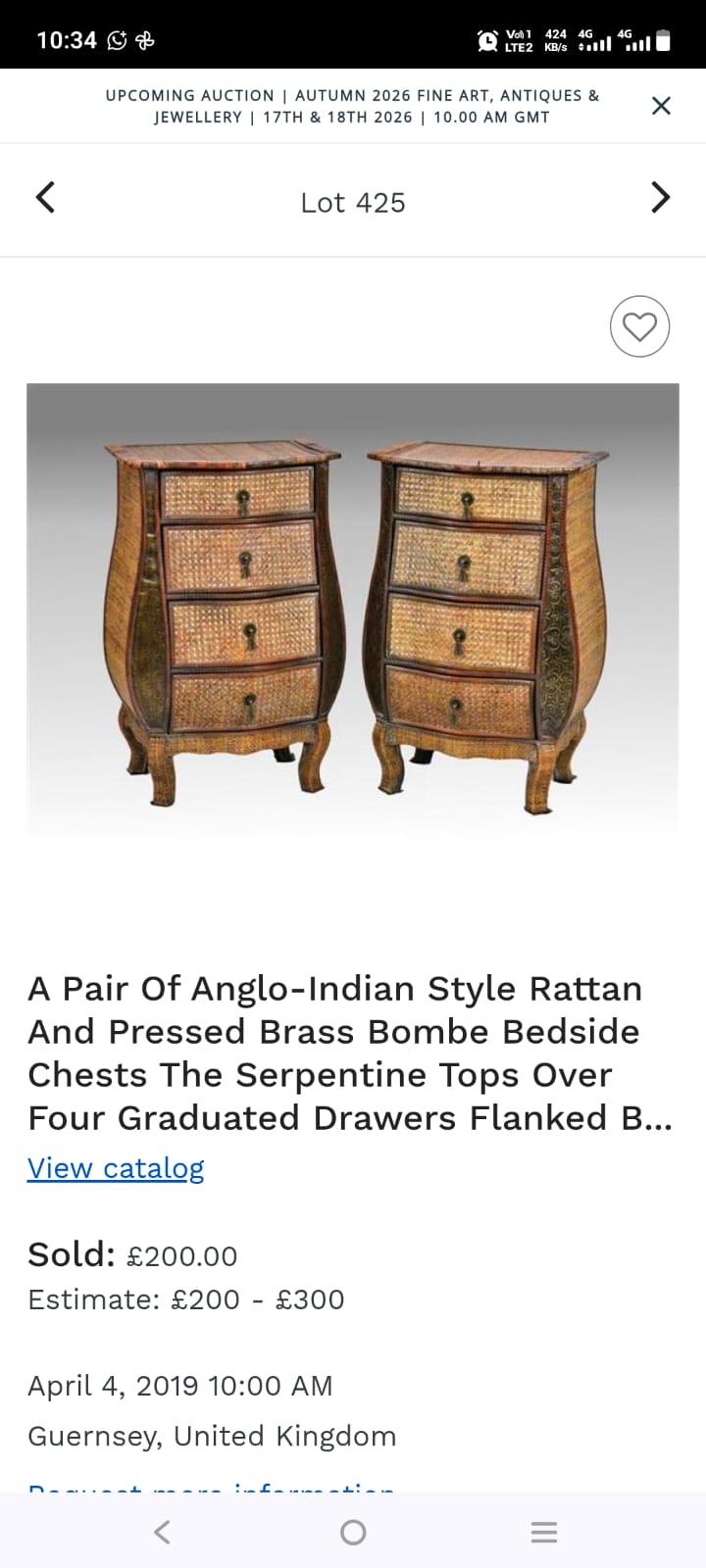 IMPORTED Antique Anglo-Indian rattan and pressed brass bombe bedside chest with four drawers.
