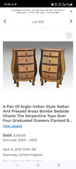 IMPORTED Antique Anglo-Indian rattan and pressed brass bombe bedside chest with four drawers.