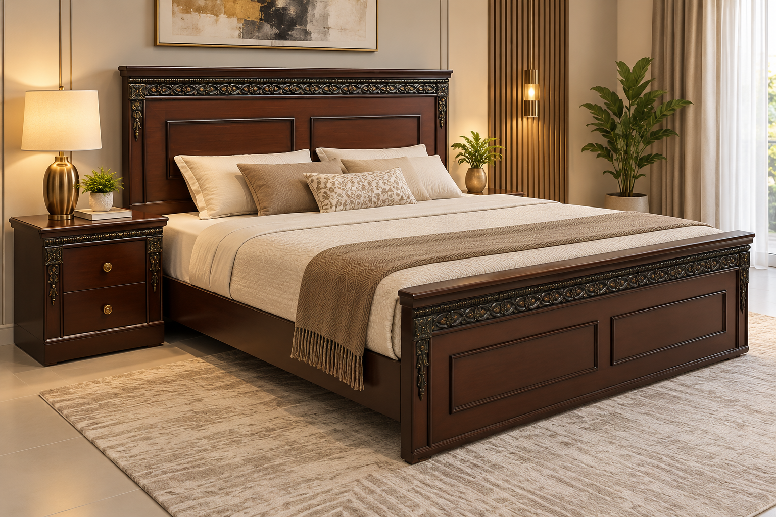 Elegant Sheesham Wood king Size Bed with 1 side table