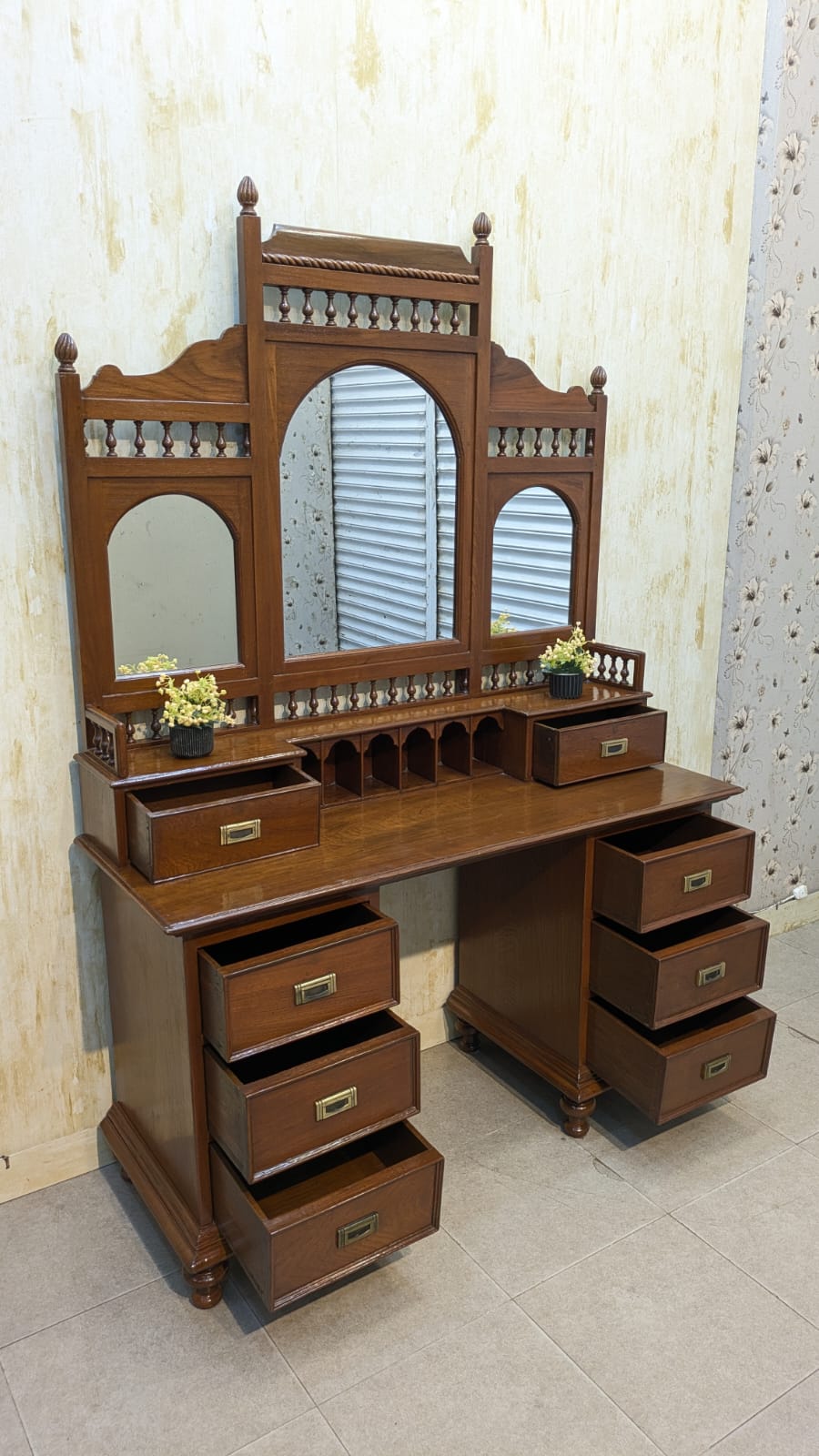 Antique Mid Century Solid Burma Teak Wood Dressing Table
