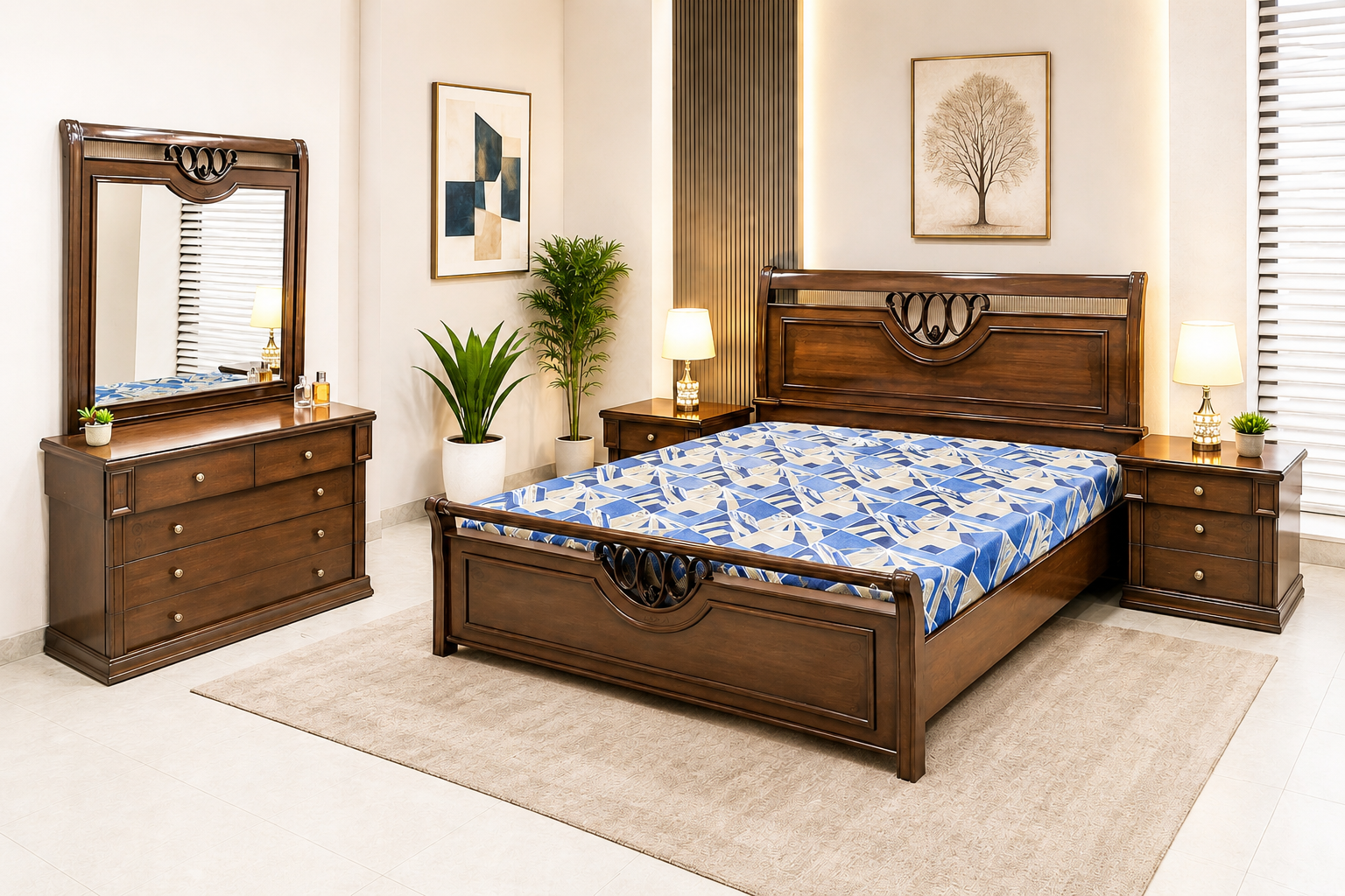 King Size Bed With 2 Side Tables and Dressing Table