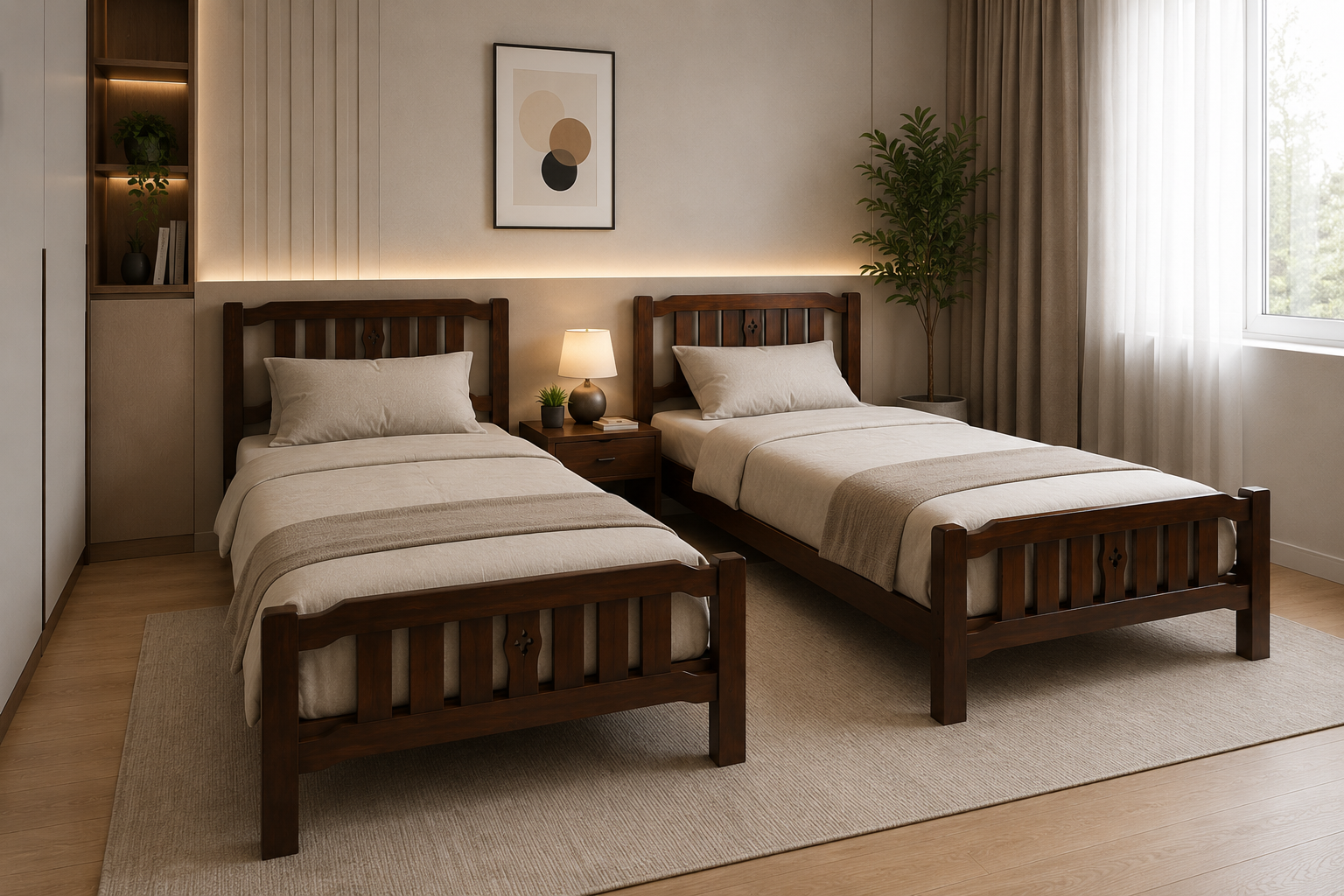 Solid Oak Wood Pair Of Single Beds