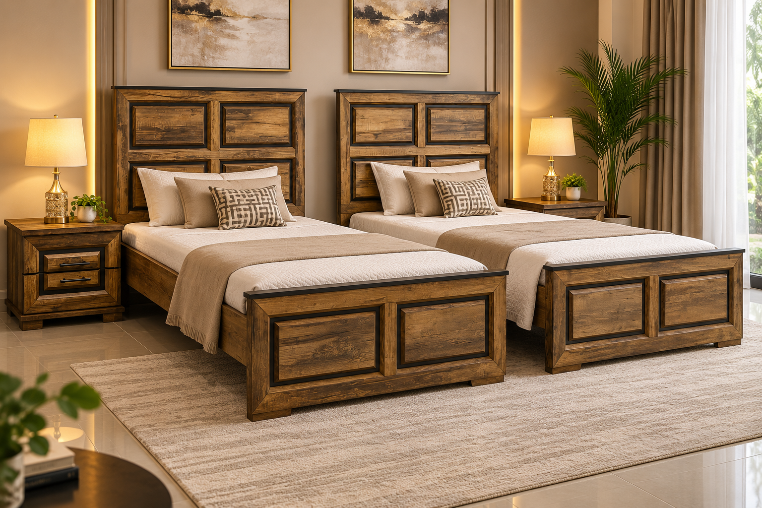 Brand New Pair Of Single Bed With 2 Side Tables