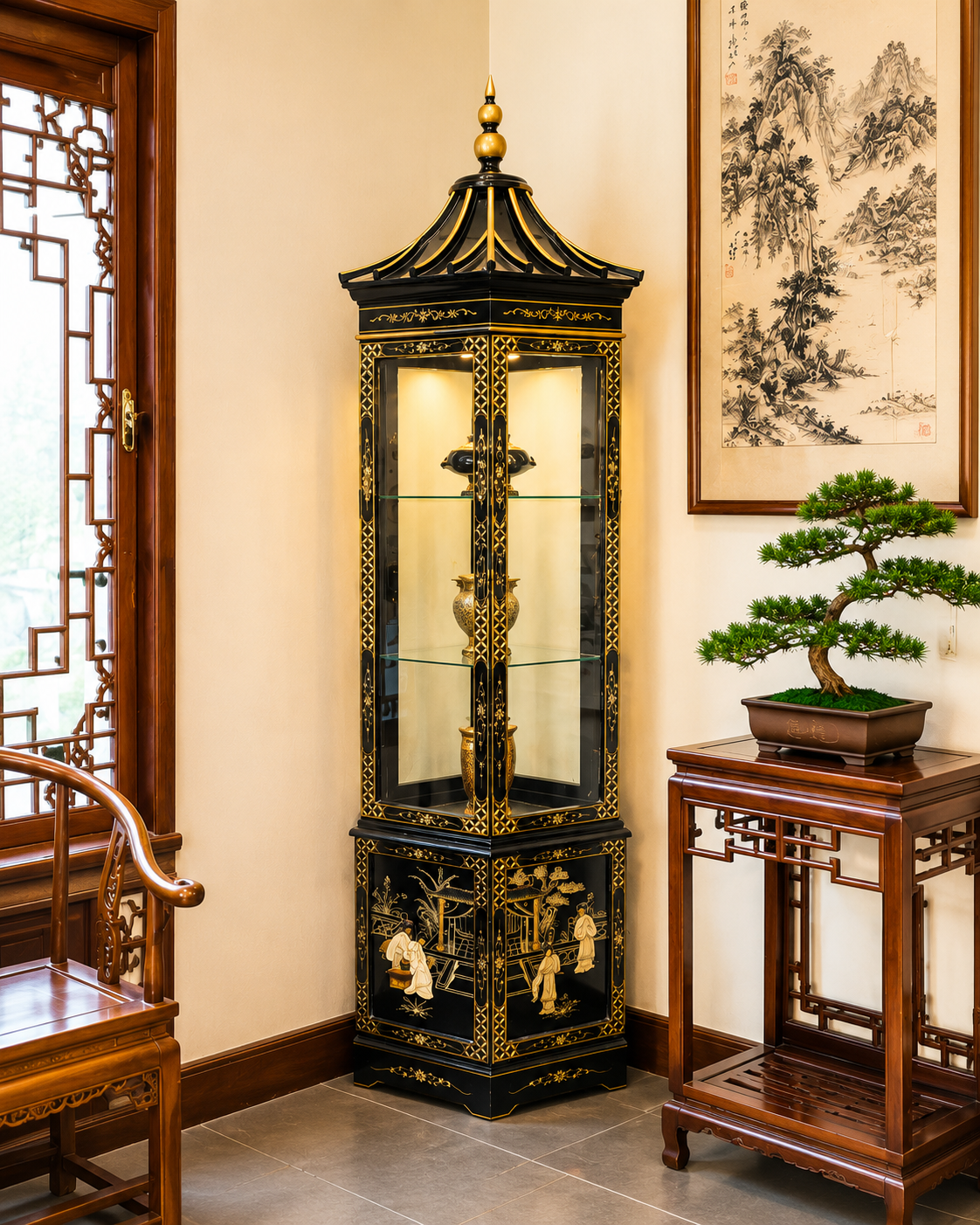 Chinese Black Lacquer Round Hexagon Pagoda Top Mother Of Pearl Showcase Display
