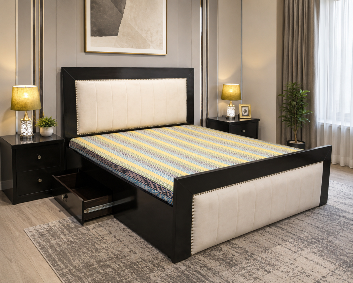 King Size Bed With Storage Drawers and 2 Side Tables
