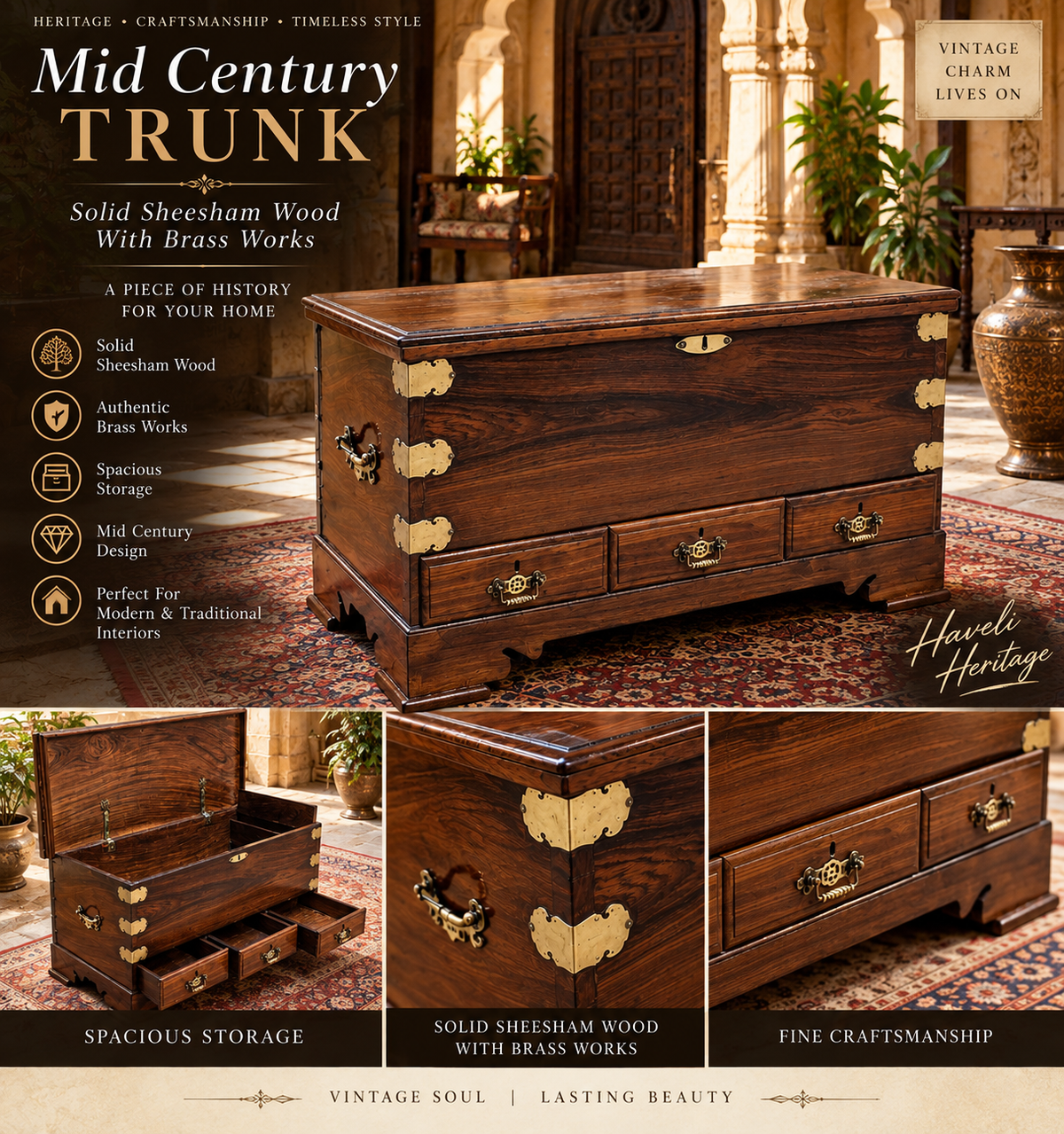 Antique Mid Century Solid Sheesham Wood Trunk