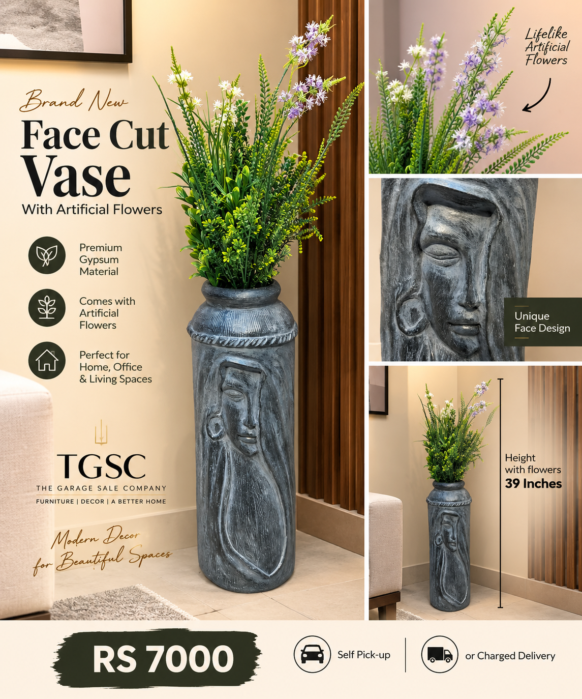 Brand New Face Cut Vase with Artificial Flowers
