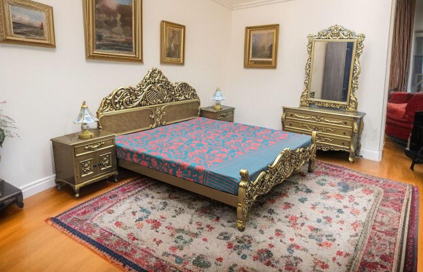 Solid Sheesham Wood Chinioti King Size Bed Set