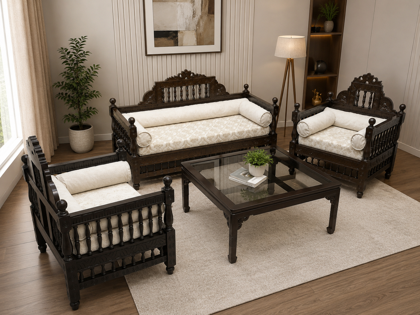 Vintage Sheesham Solid Wood 4 Seater Sofa Set