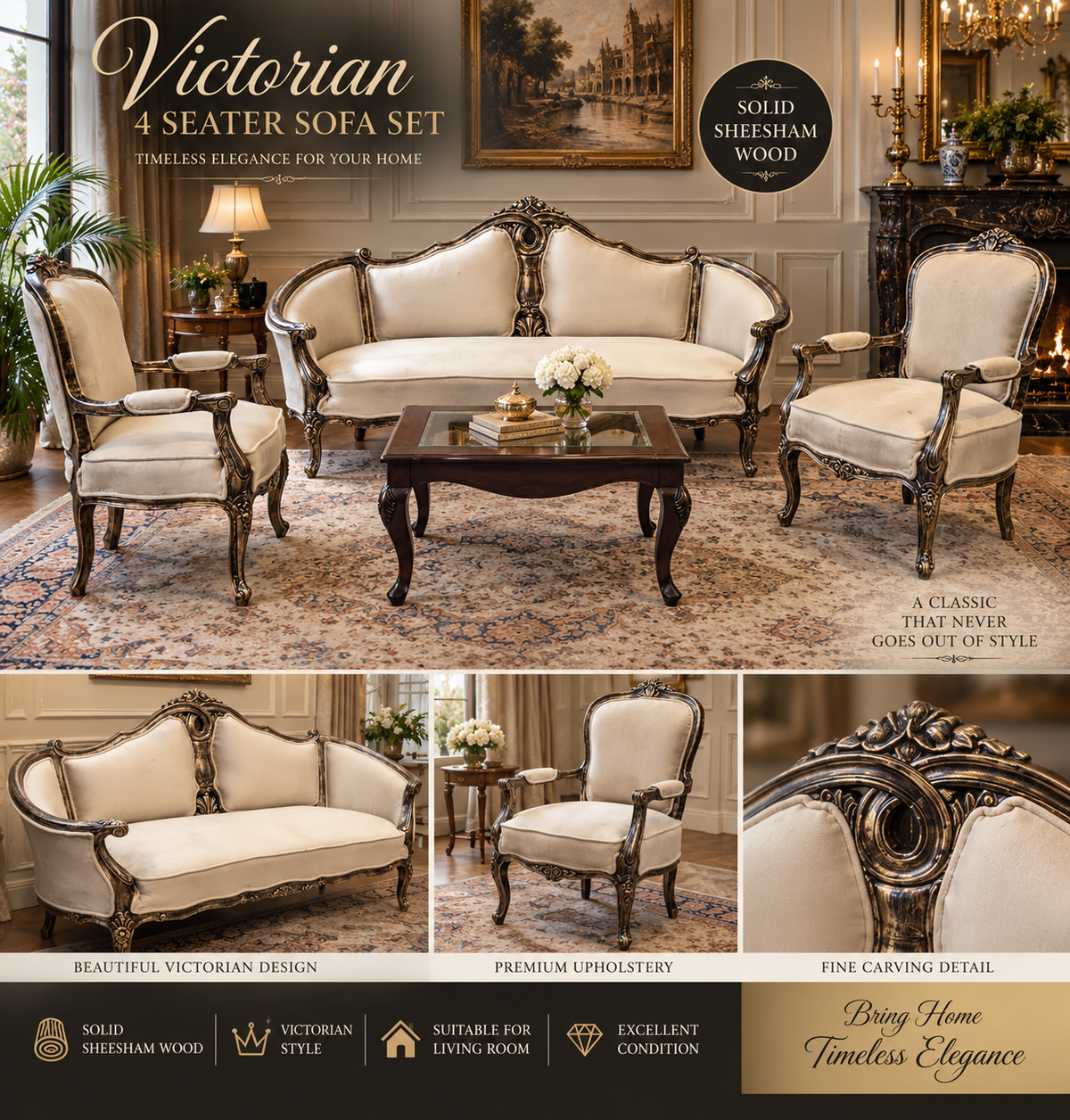 Victorian Solid Sheesham Wood 4 Seater Sofa Set