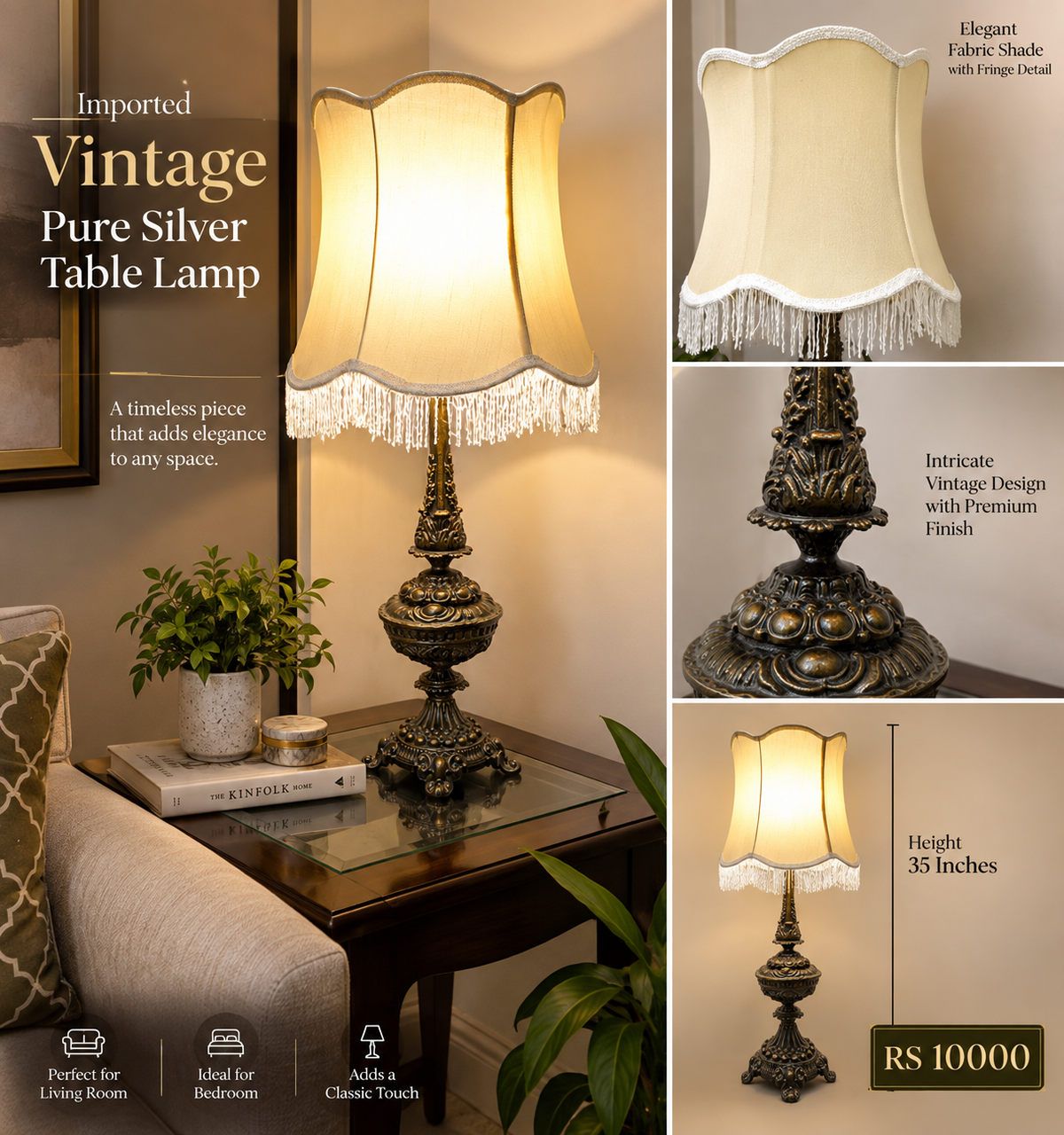 Imported Vintage Pure Silver Table Lamp