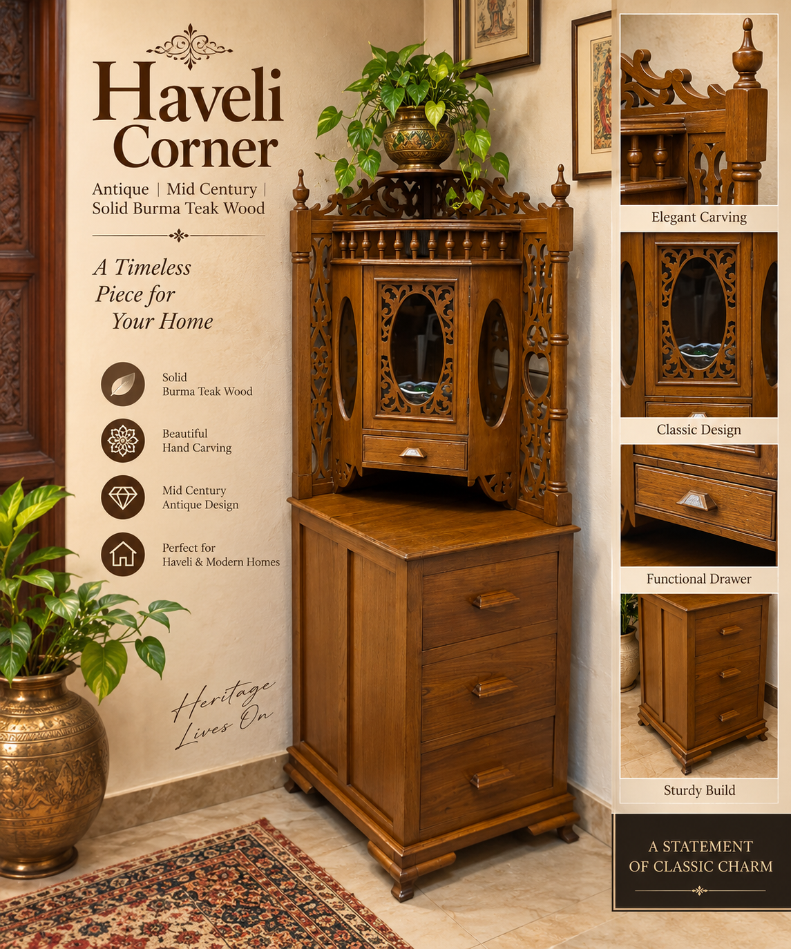 Antique Solid Burma Teak Wood Corner