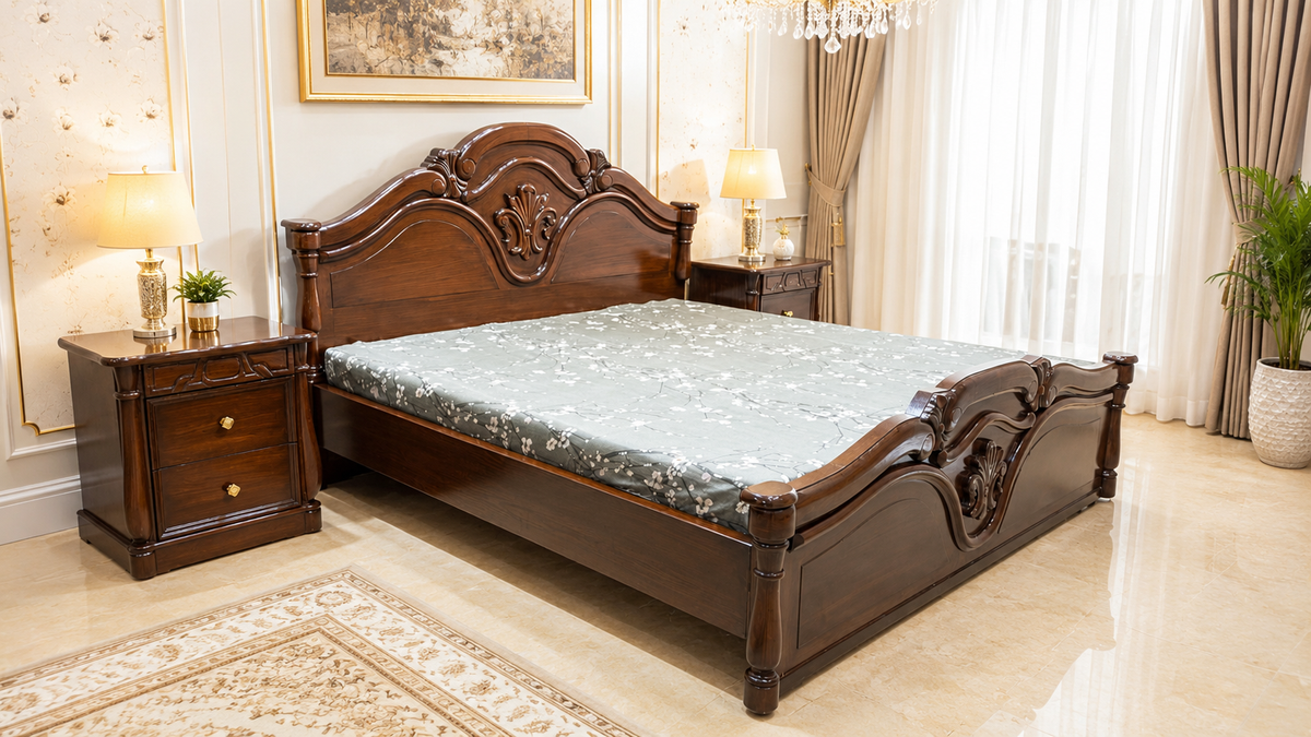 Diyar Wood King Size Bed with 2 Side Tables