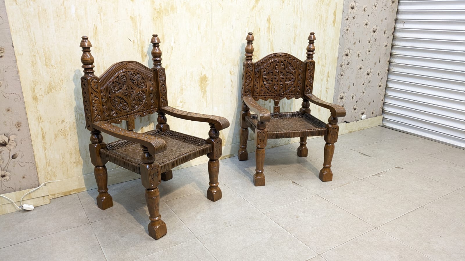 Antique Solid Burma Teak Wood Pair of Peerah Chair