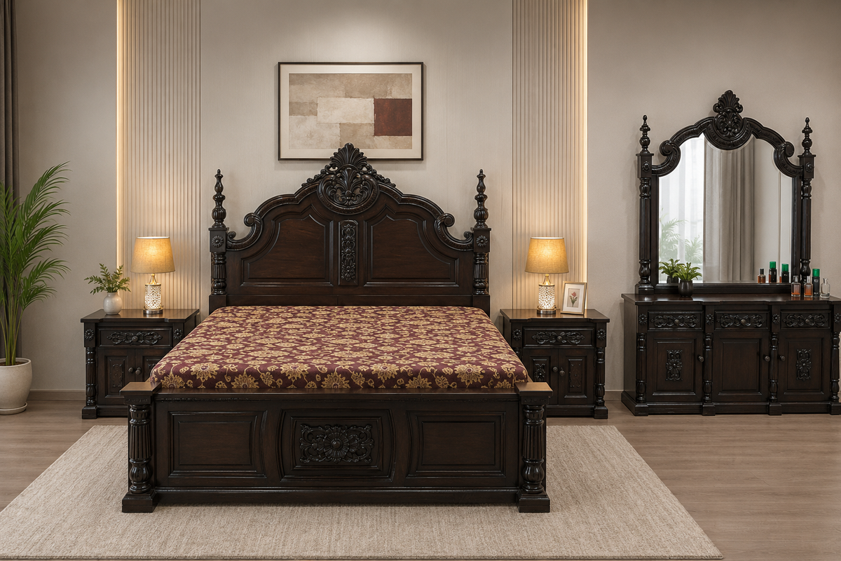 100% Solid Sheesham Wood King Size Bed Set