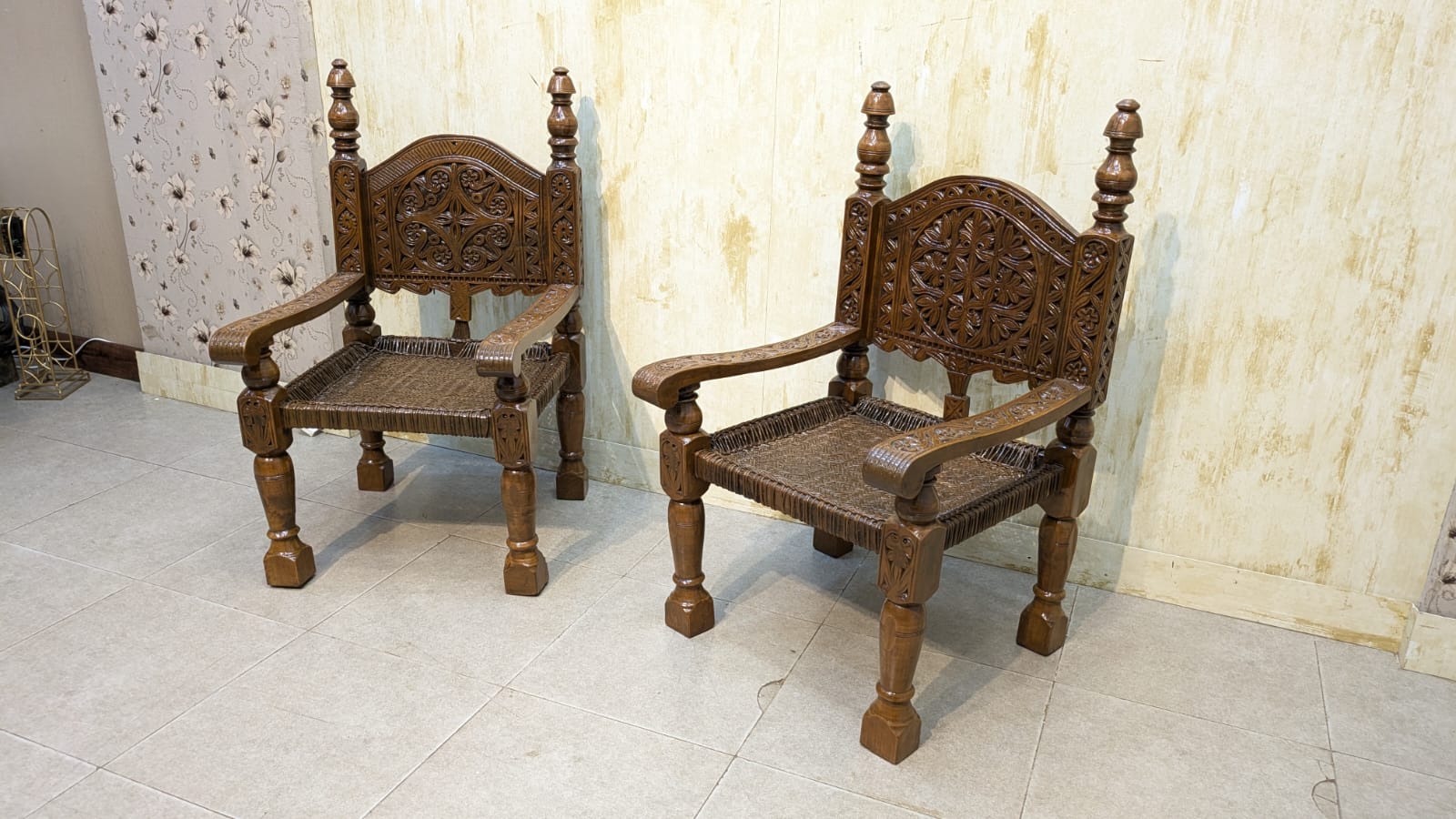 Antique Solid Burma Teak Wood Pair of Peerah Chair