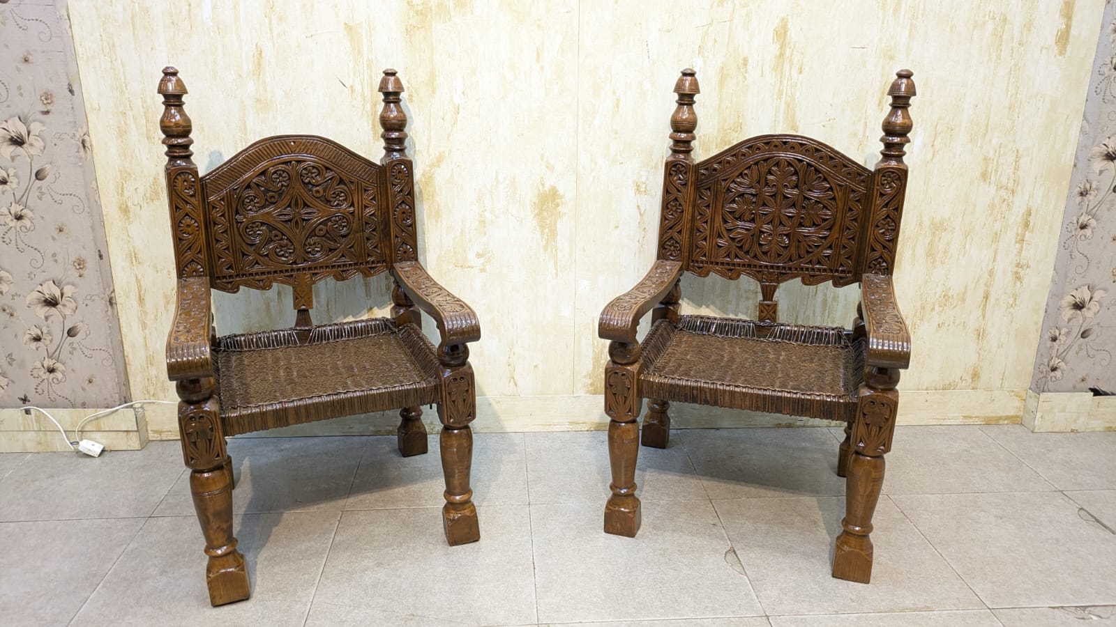 Antique Solid Burma Teak Wood Pair of Peerah Chair