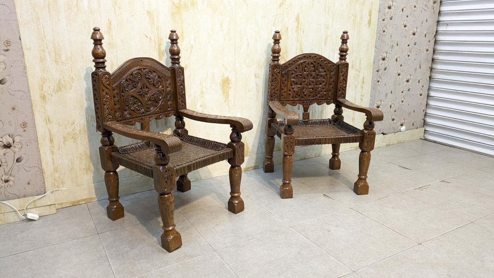 Antique Solid Burma Teak Wood Pair of Peerah Chair