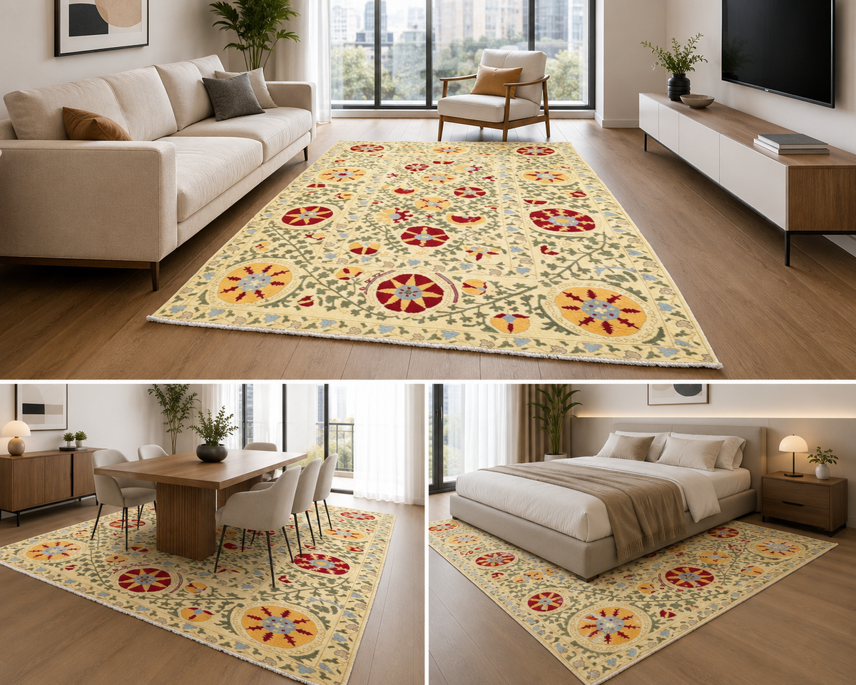 Imported Vintage Uzbekistan Suzani Hand Knotted Carpet