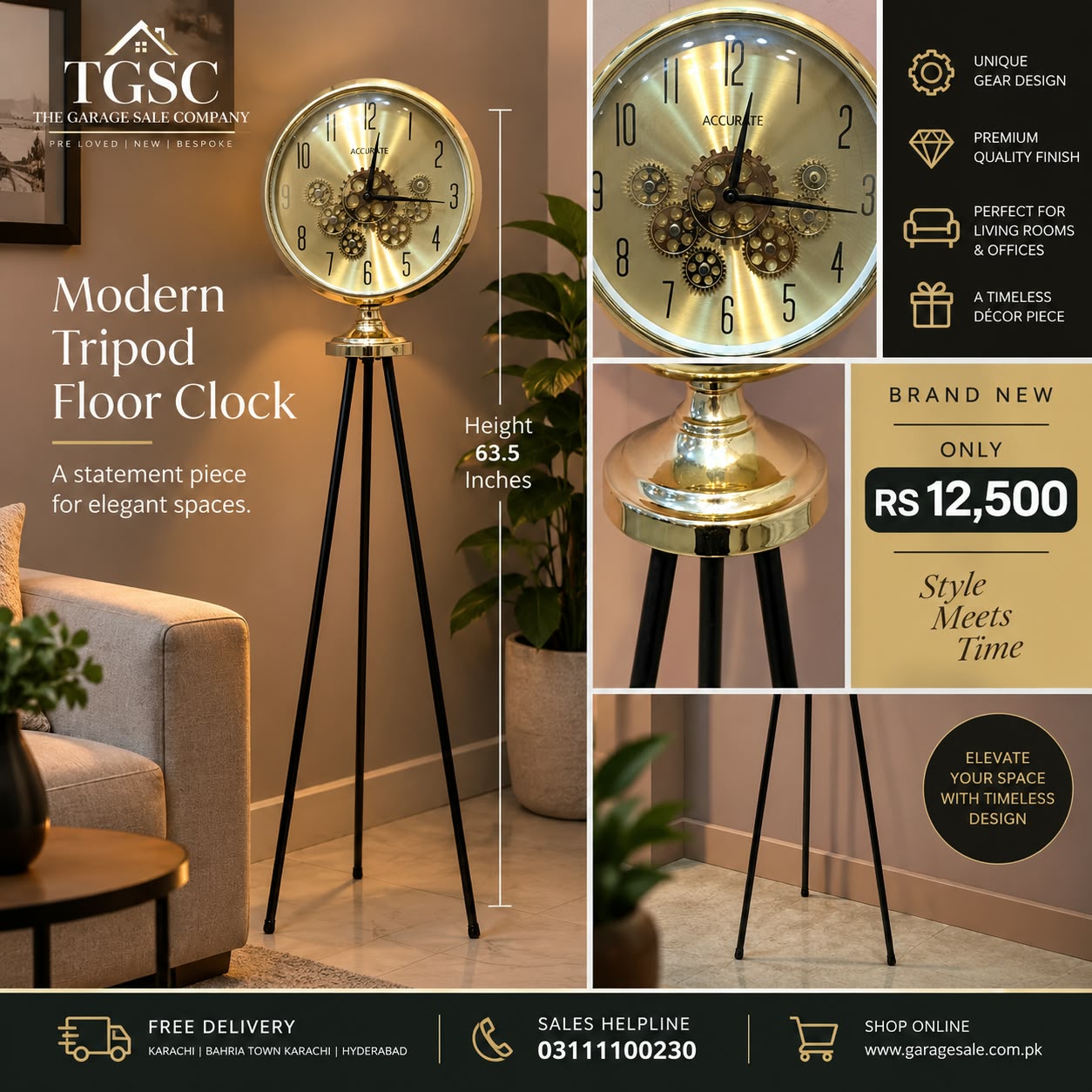 Brand New STYLE MEETS TIME – MODERN TRIPOD FLOOR CLOCK!