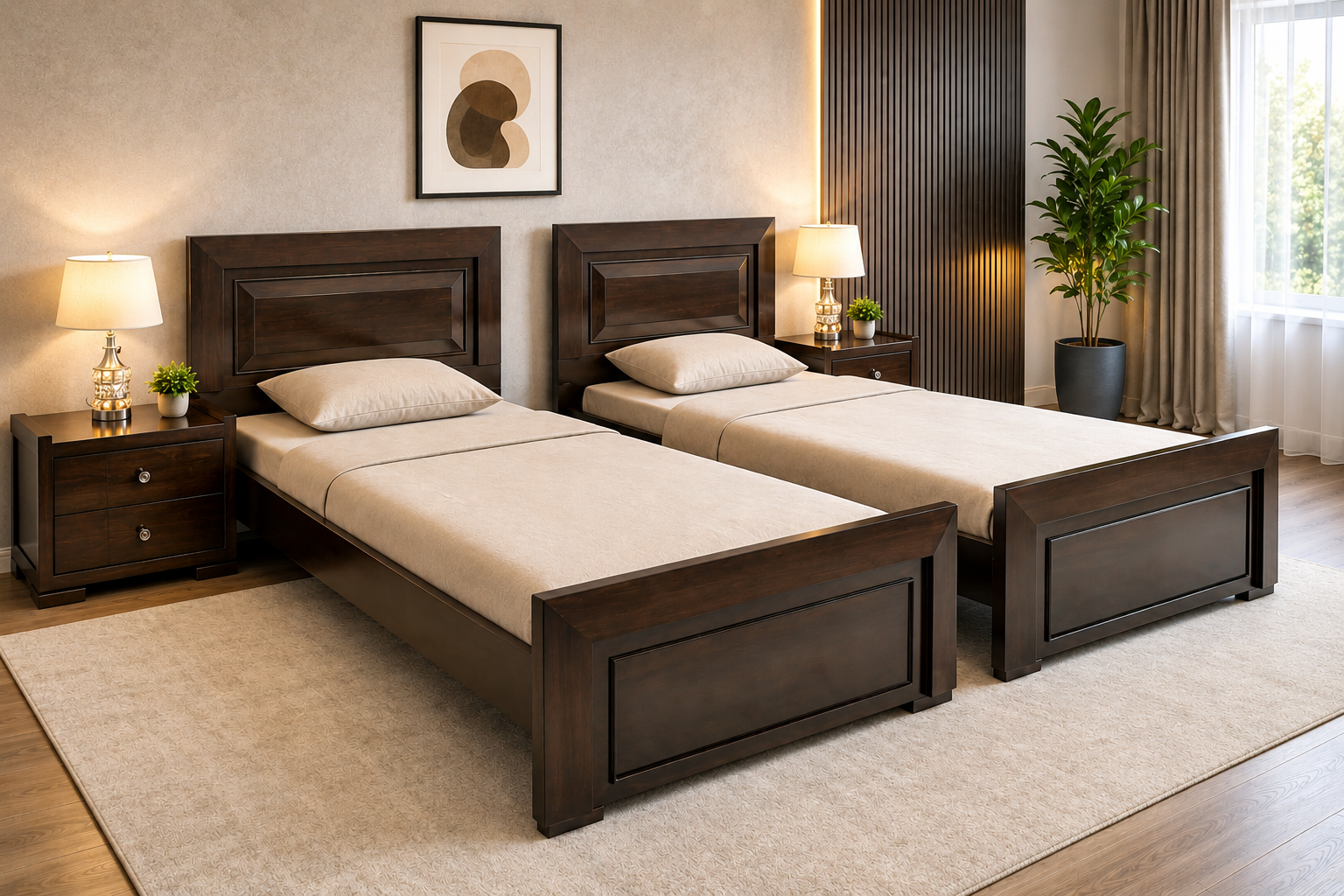 Pair Of Single Beds with 2 Side Tables