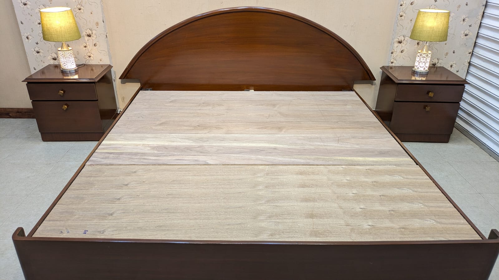 Teak Wood and Teak Ply King Size Bed with 2 Side Tables