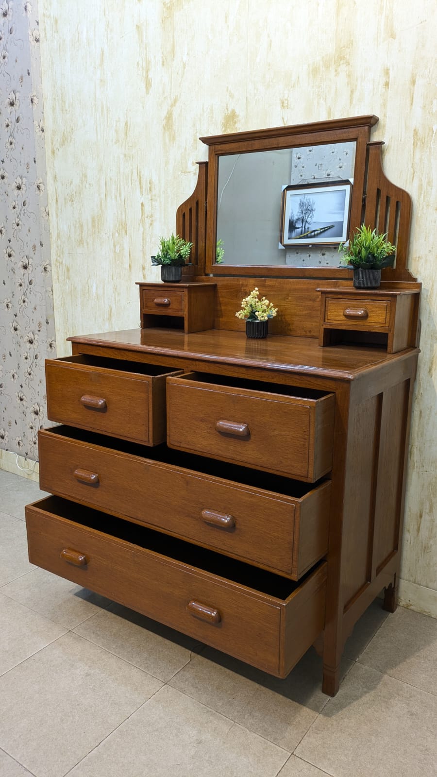 Antique Solid Burma Teak Wood Vanity Dresser