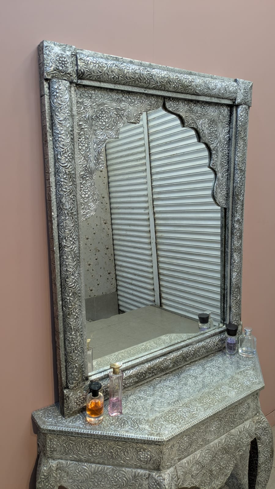 Elegant Handcrafted Silver Console Table with Mirror