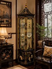 Chinese Black Lacquer Round Hexagon Pagoda Top Mother Of Pearl Showcase Display