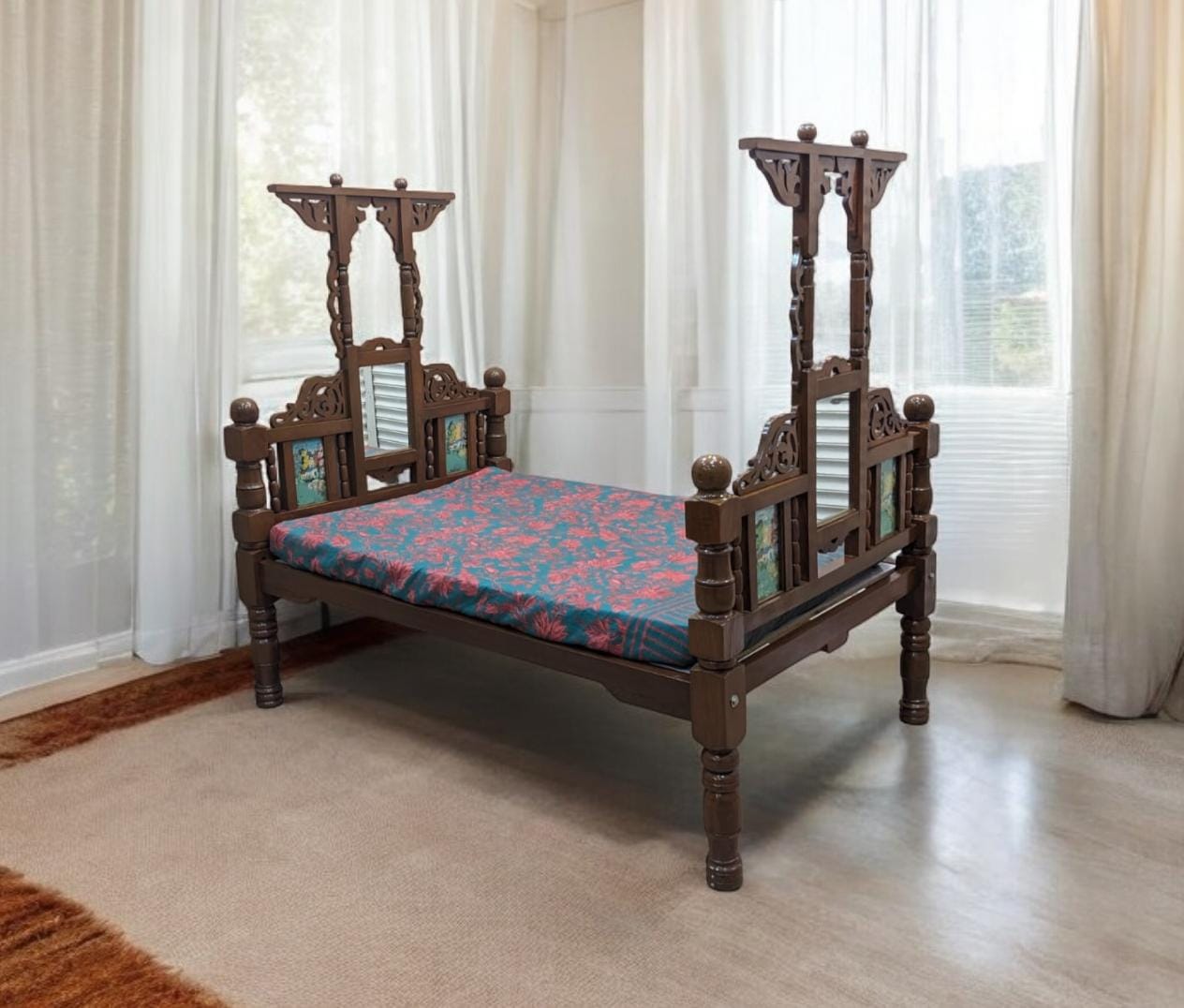 Antique 100% Solid Burma Teak Wood Twin Size Bed with Dura Luxury Foam Mattress